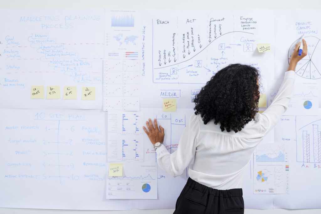 Businesswoman drawing diagram on whiteboard