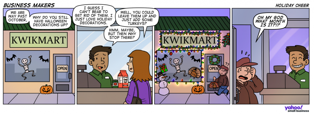 Store owner contemplating holiday decorations