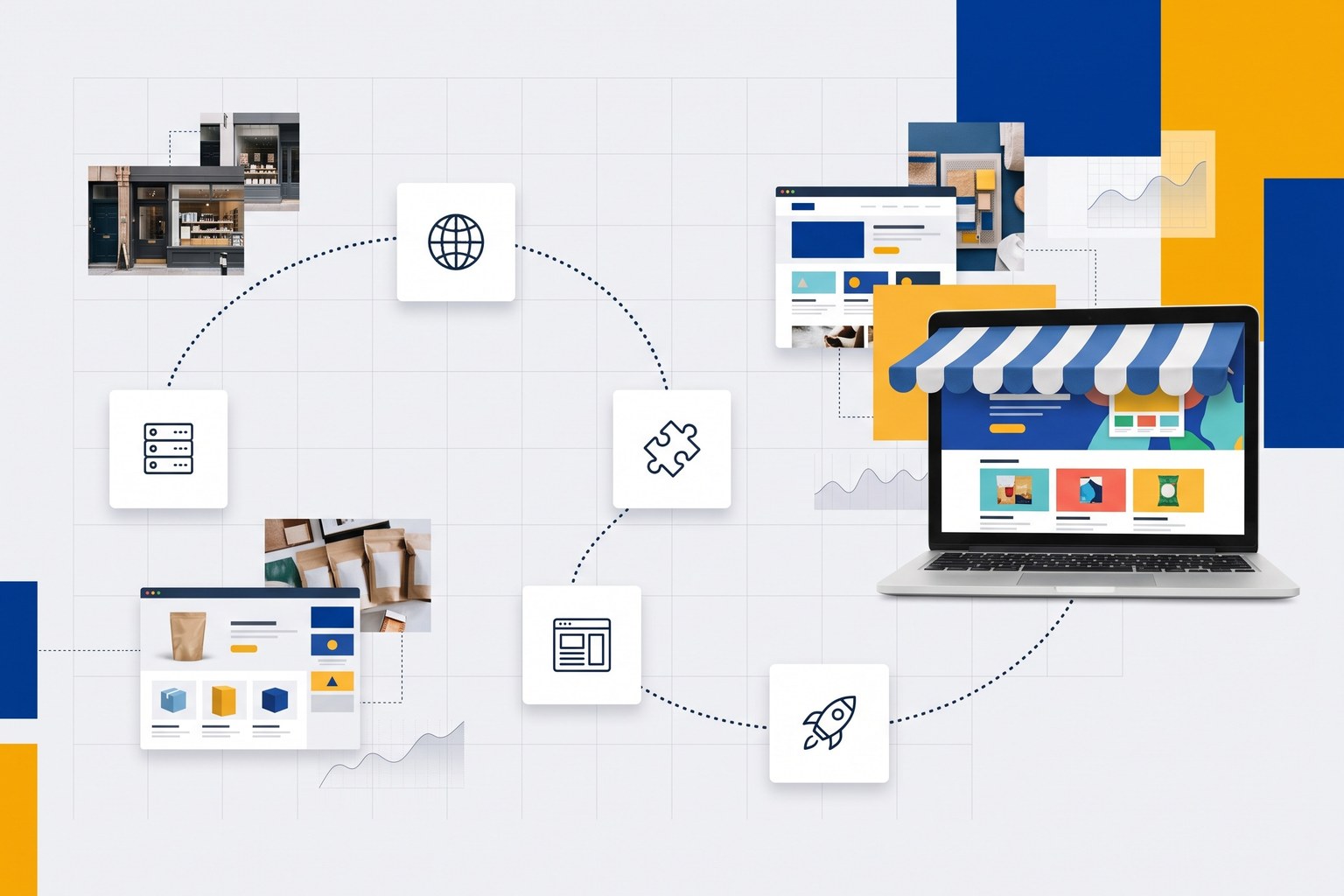 Five steps on a dotted path, hosting, domain, builder, page layout and launch, leading to a laptop showing a small business website under a striped awning