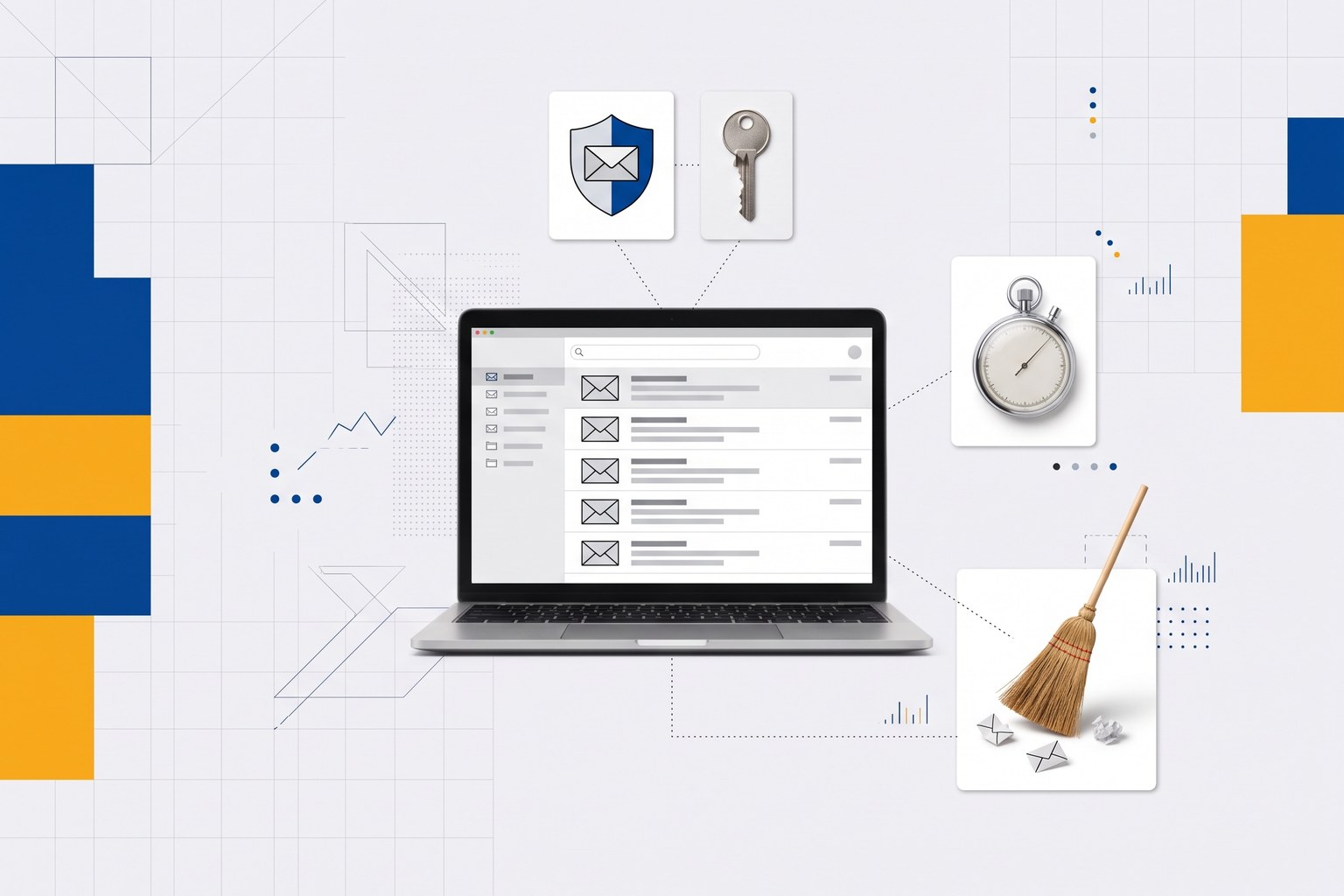 Laptop showing an inbox of emails, linked to a shield, a key, a stopwatch and a broom sweeping away crumpled envelopes