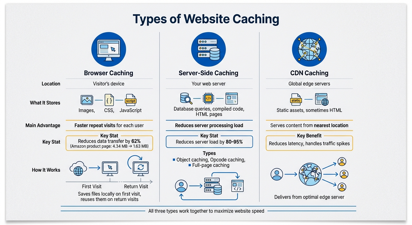 Comparison of browser caching, server-side caching and CDN caching: where each stores files and what it speeds up