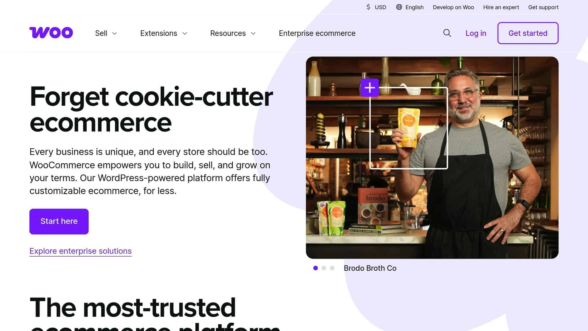 WooCommerce homepage, which offers customizable online stores built on WordPress