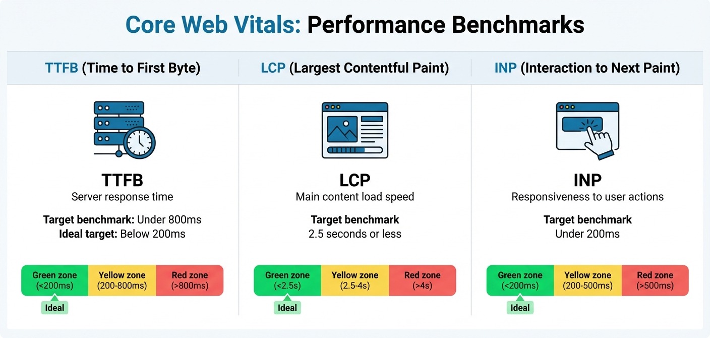 Chart of Core Web Vitals targets: TTFB under 800 ms, LCP 2.5 seconds or less, INP under 200 ms