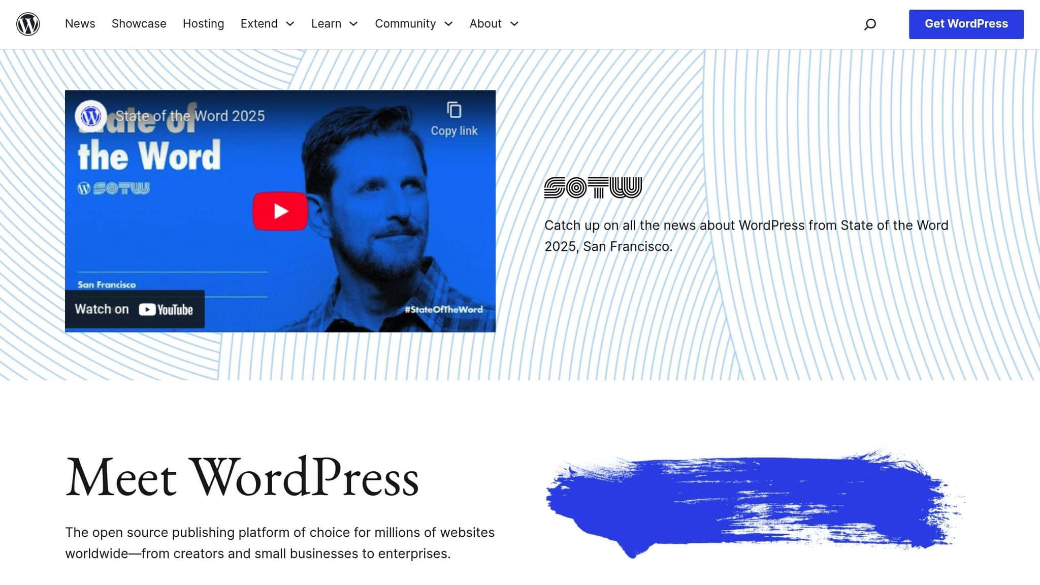 WordPress.org homepage featuring the State of the Word 2025 video