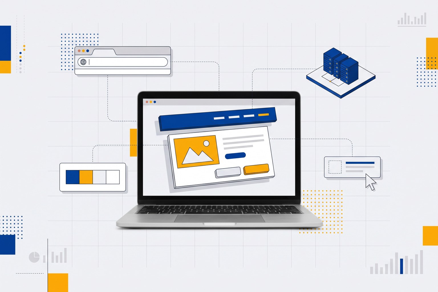 Laptop showing a website being assembled from blocks, linked to an address bar, color swatches, servers and a cursor dragging a block