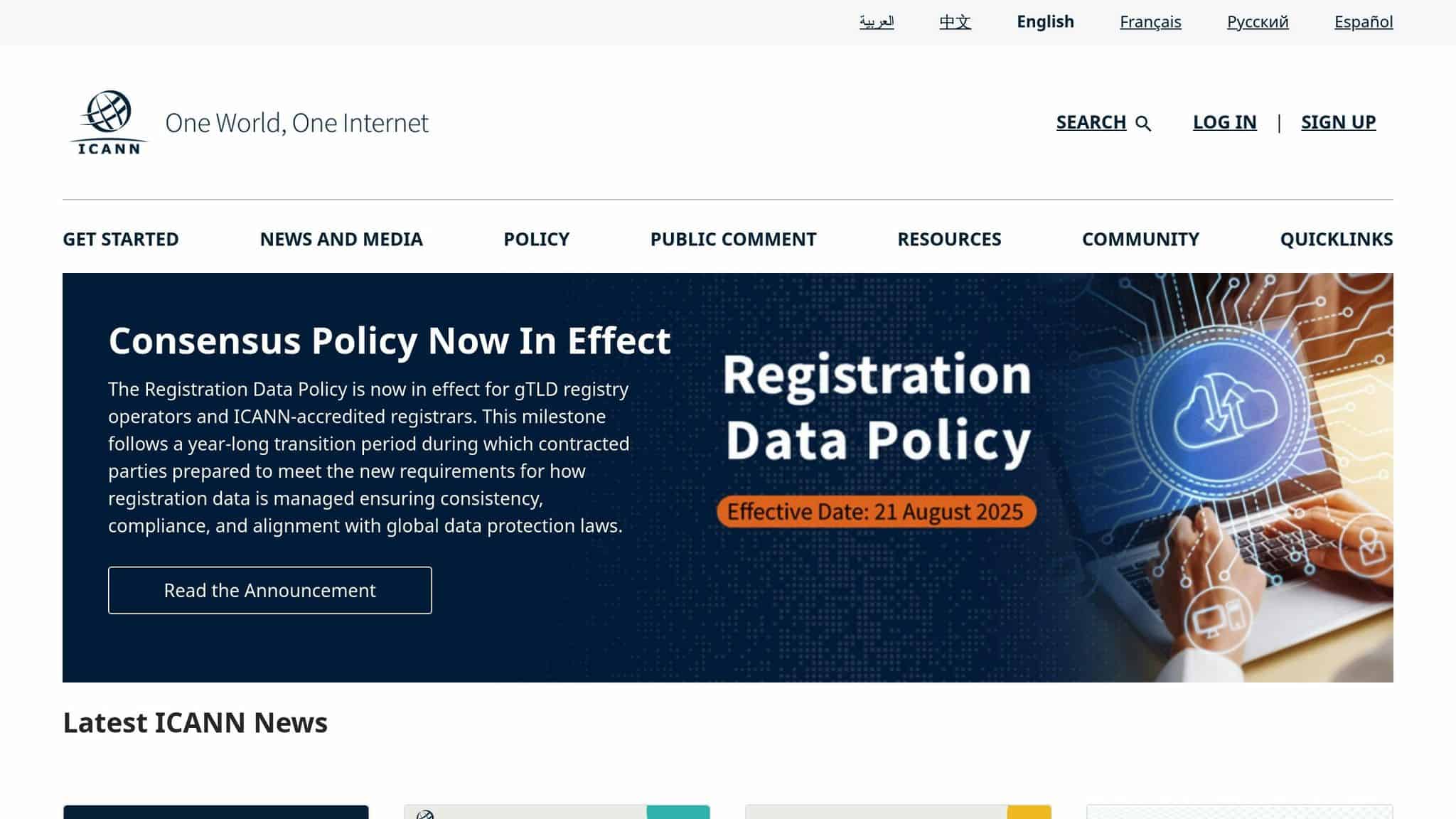 ICANN homepage announcing its Registration Data Policy for domain registrars