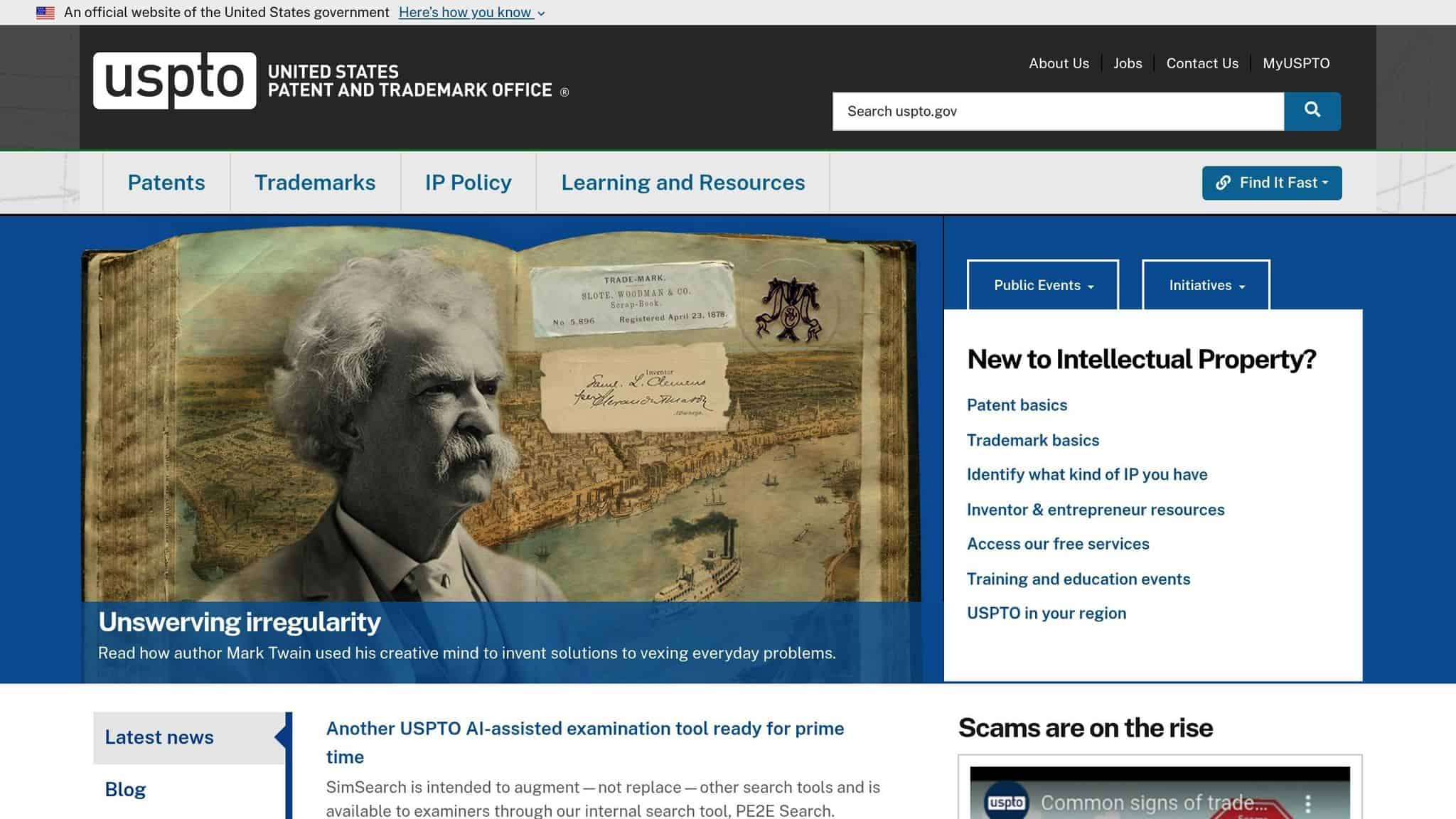 USPTO homepage, where you can search existing trademarks before you register a domain name
