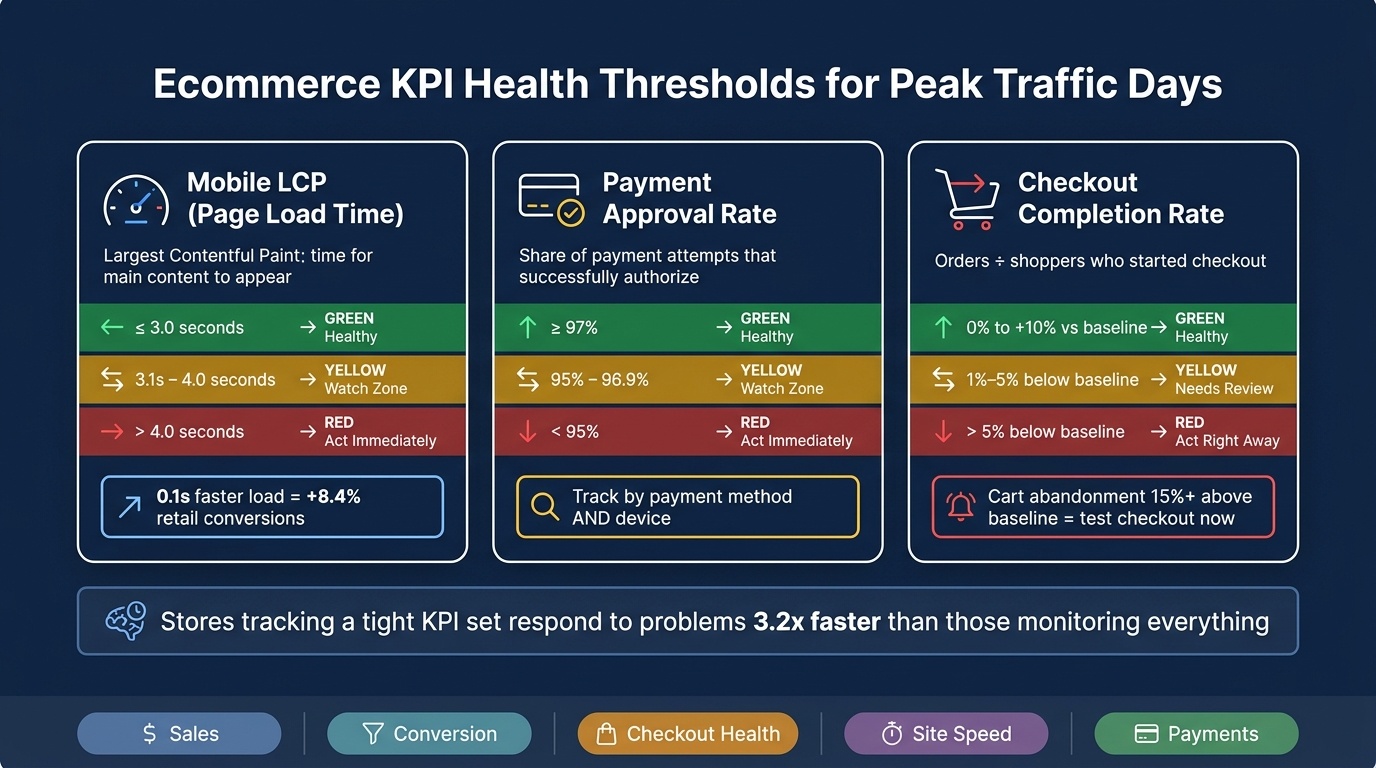 Healthy, watch and act-now thresholds for mobile page load time, payment approval rate and checkout completion rate on peak traffic days
