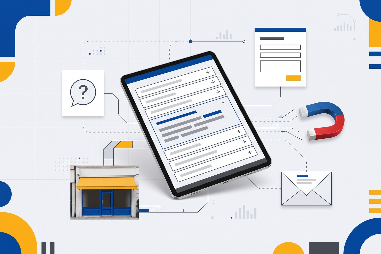 Tablet showing an FAQ page, linked to a question bubble, a contact form, a magnet, an envelope and a shop front