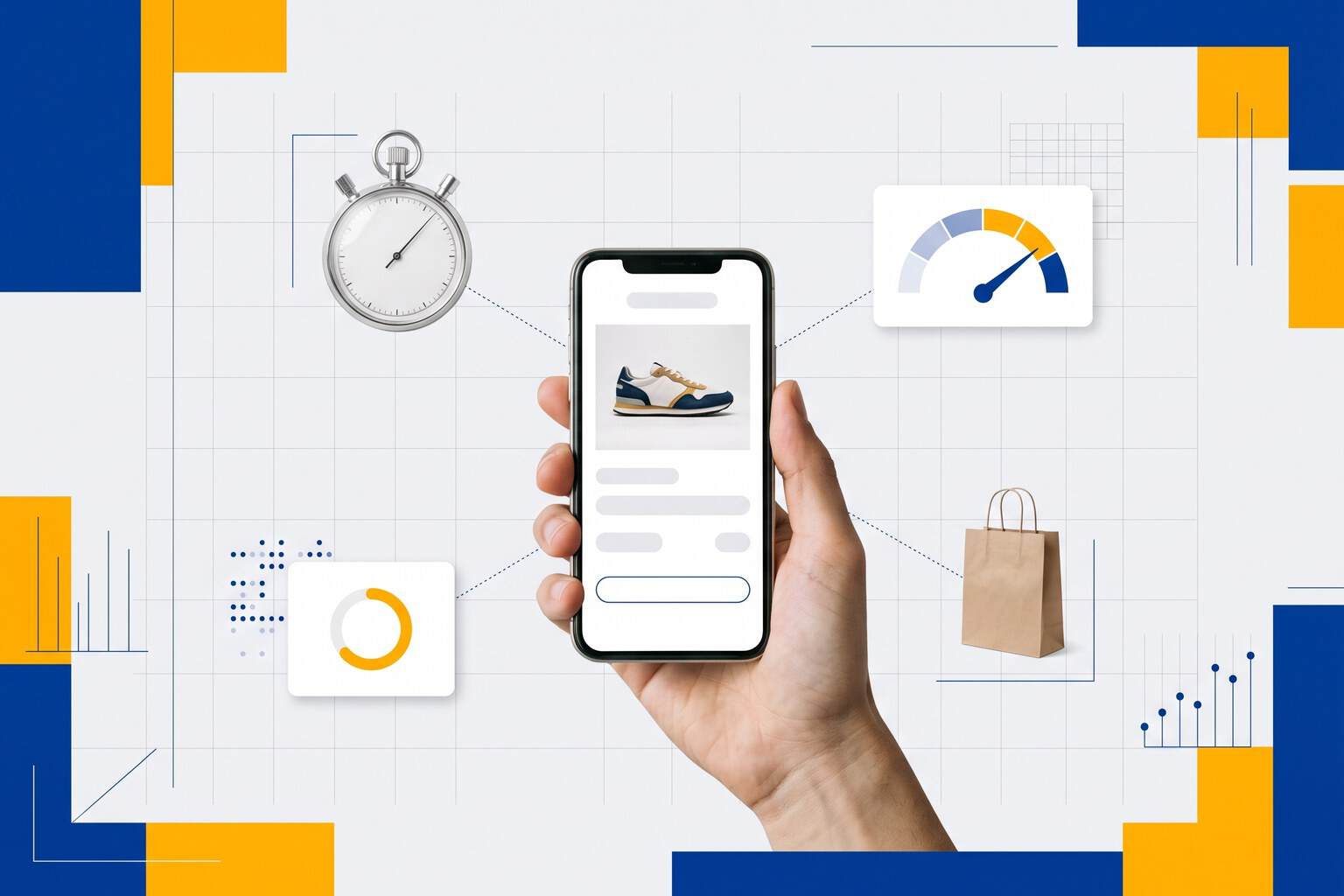 Hand holding a phone at checkout with a sneaker on screen, linked to a stopwatch, a speed gauge, a loading ring and a shopping bag