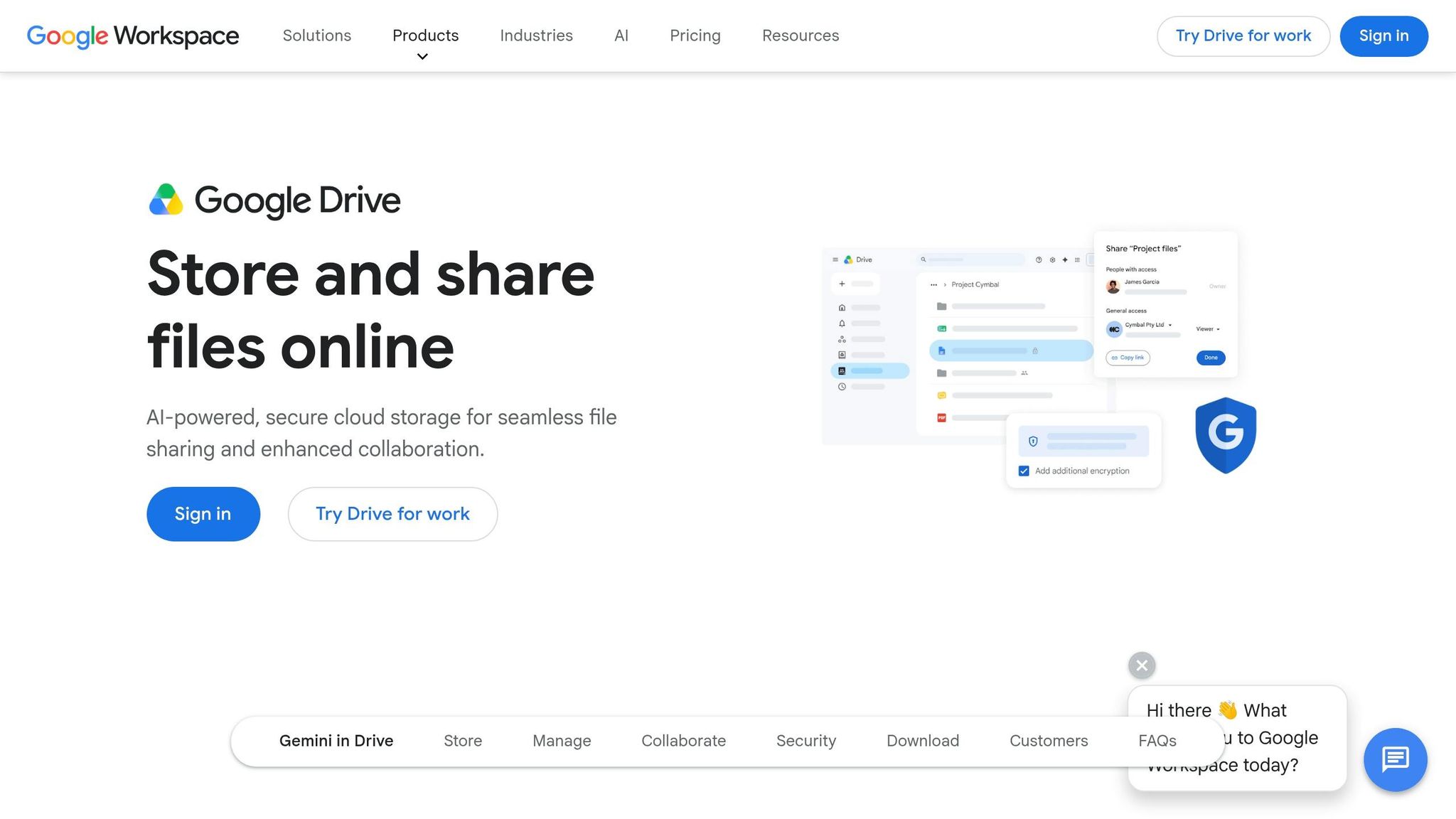 Google Drive page for storing and sharing files online