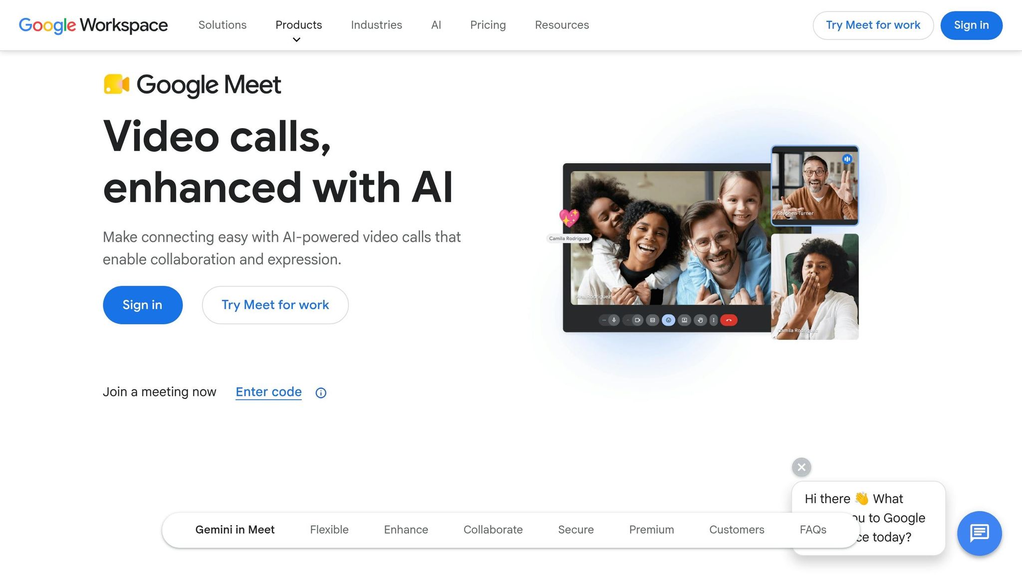 Google Meet page for video calls with built-in AI features