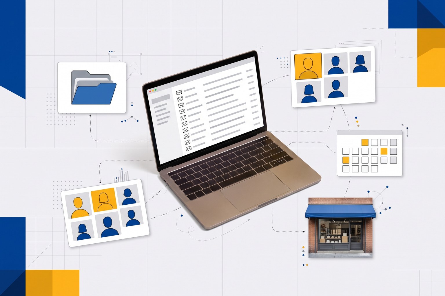Laptop showing an email inbox, linked to a shared folder, video meeting tiles, a calendar and a small shop front with a blue awning