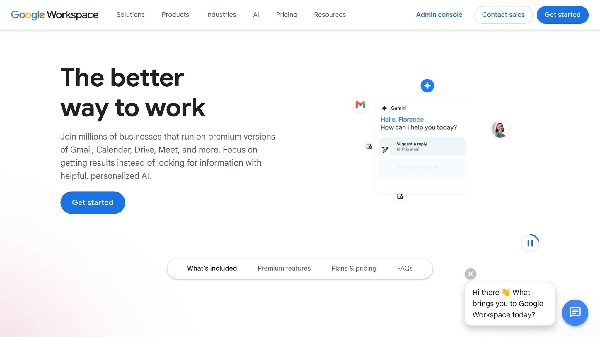 Google Workspace homepage introducing Gmail, Calendar, Drive and Meet with built-in AI