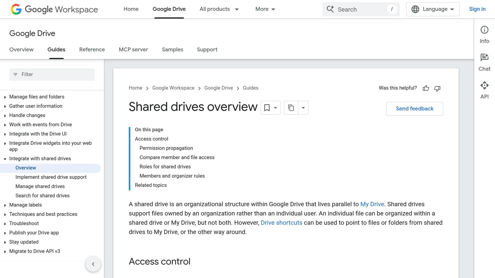 Google Drive guide page explaining shared drives, which hold files owned by a team instead of one person