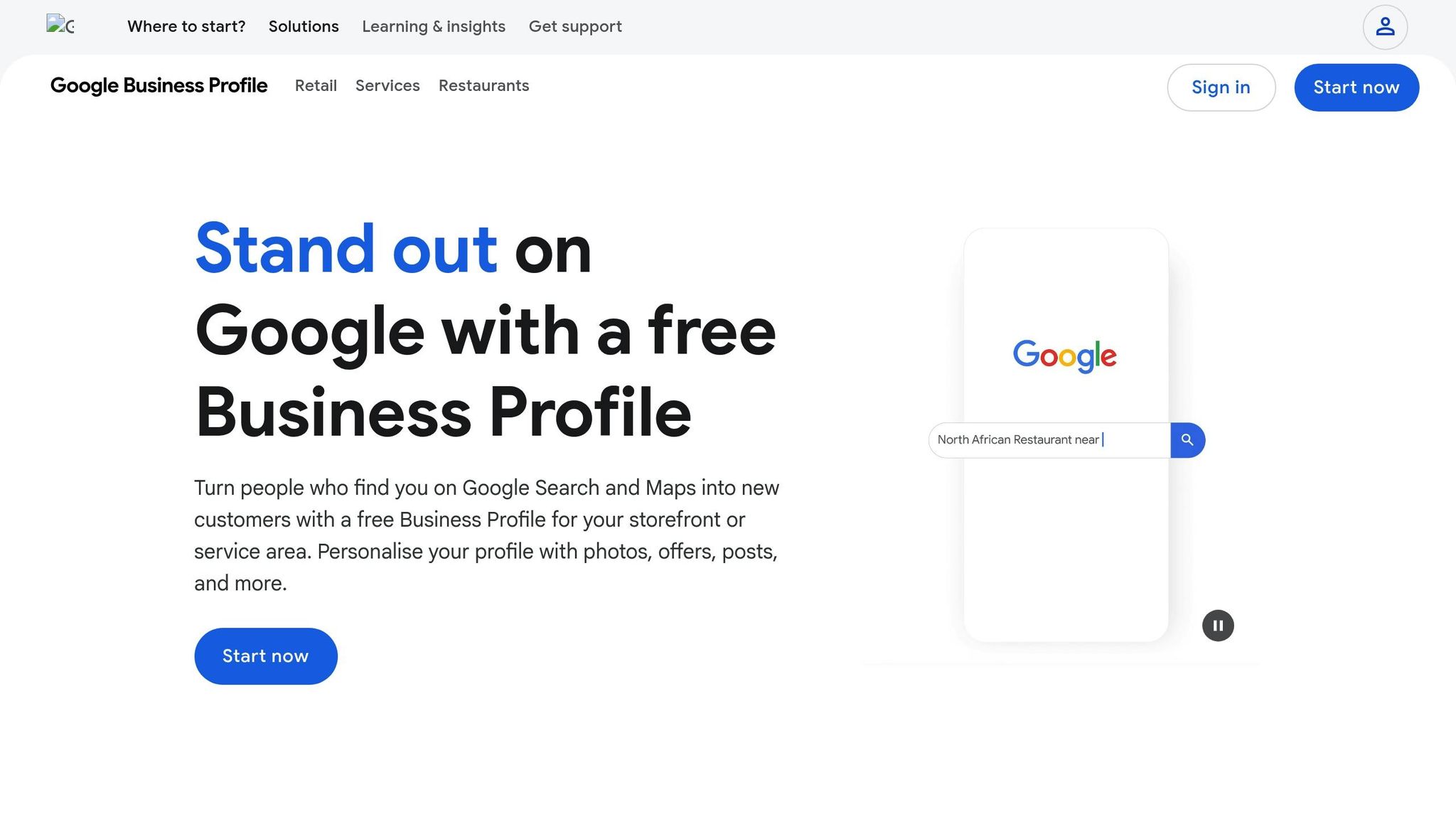 Google Business Profile homepage, where a business sets up its free profile for Google Search and Maps
