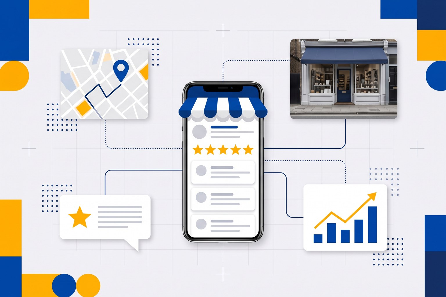Phone showing five-star reviews under a striped awning, linked to a map pin, a shop front, a review bubble and a rising chart