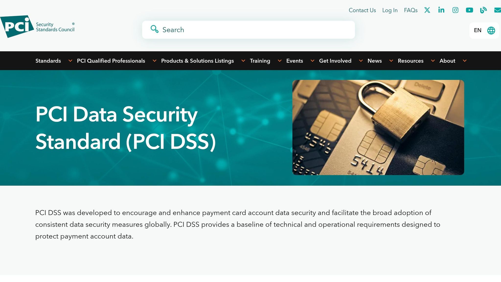 PCI Security Standards Council page introducing the PCI Data Security Standard for protecting card data
