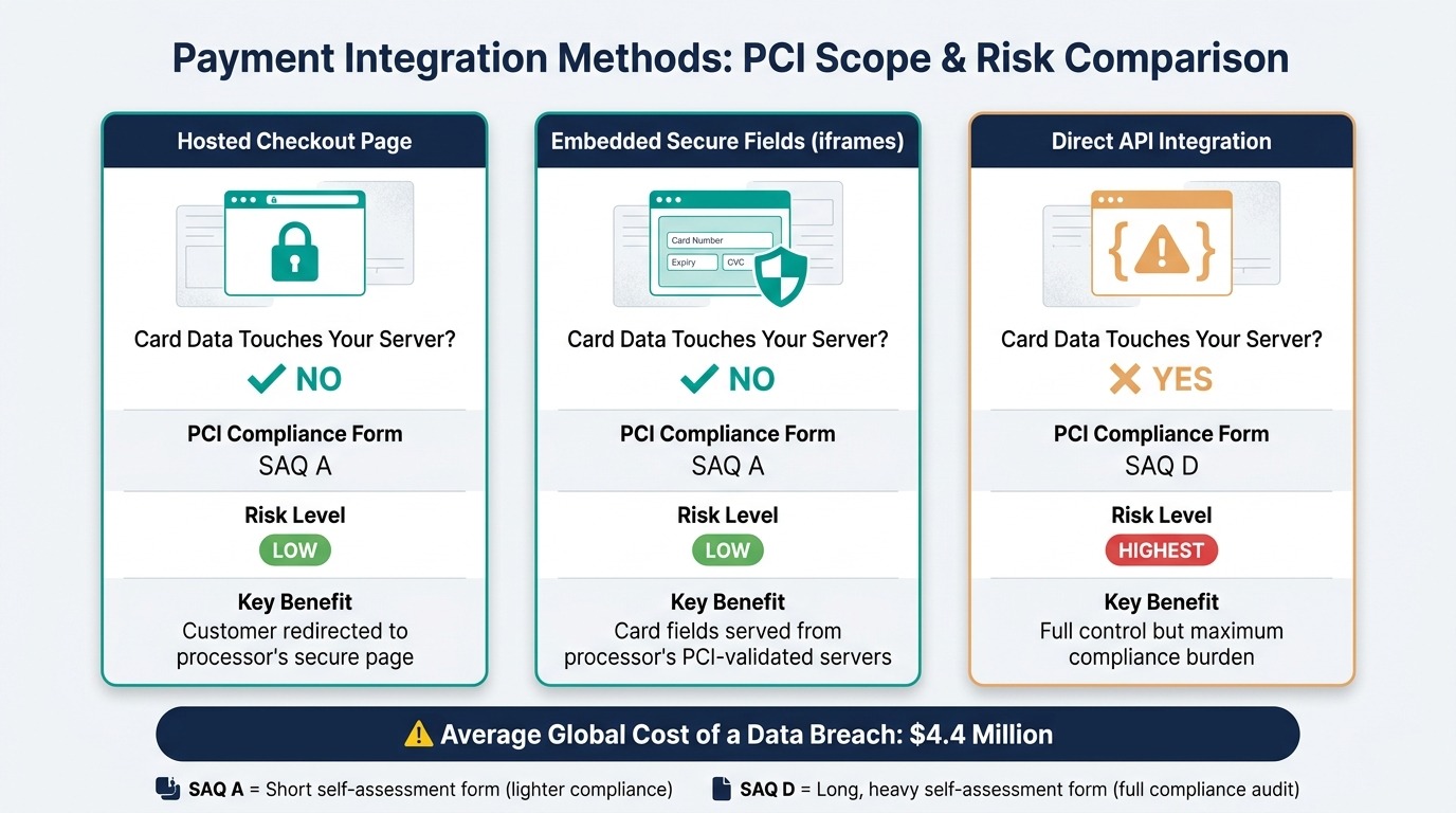 Comparison of hosted checkout, embedded secure fields and direct API integration by whether card data touches your server, PCI form and risk level