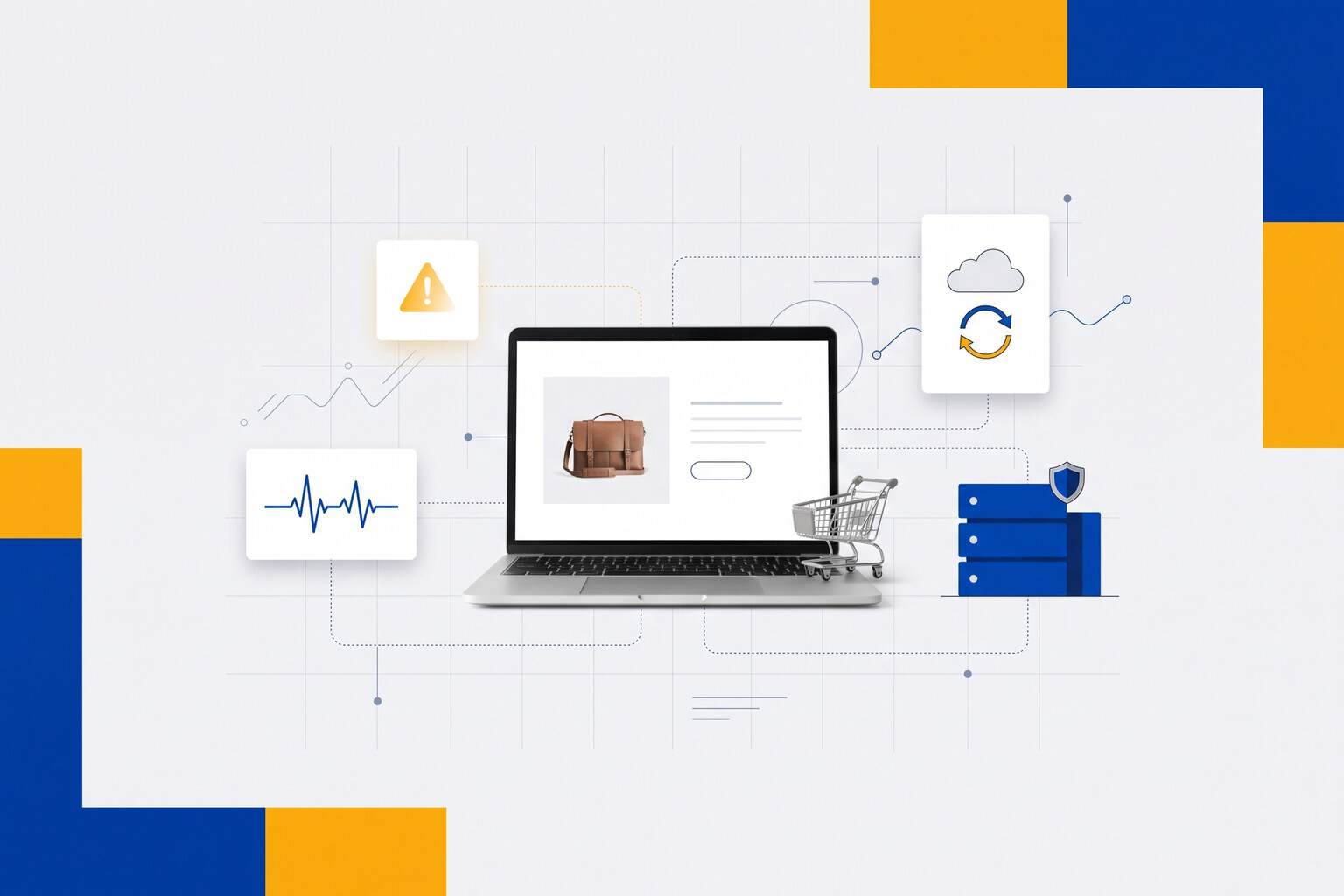 Laptop showing a product page next to a small shopping cart, linked to an uptime monitor, a warning sign, a backup card and a protected server