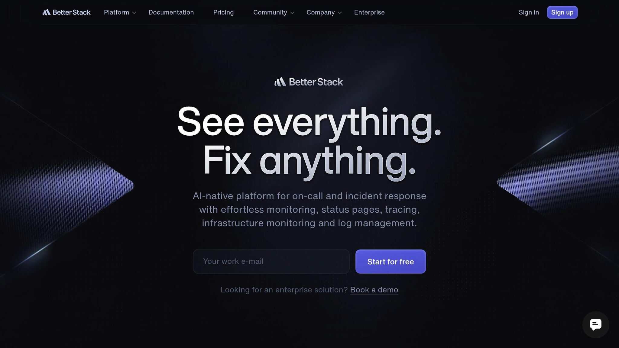 Better Stack homepage, a platform for uptime monitoring, status pages and incident response