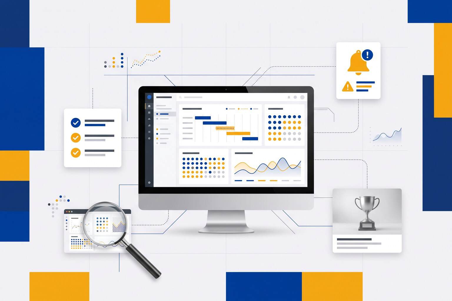 Desktop monitor full of monitoring panels, with a checklist, an alert bell, a magnifying glass over a dashboard and a trophy