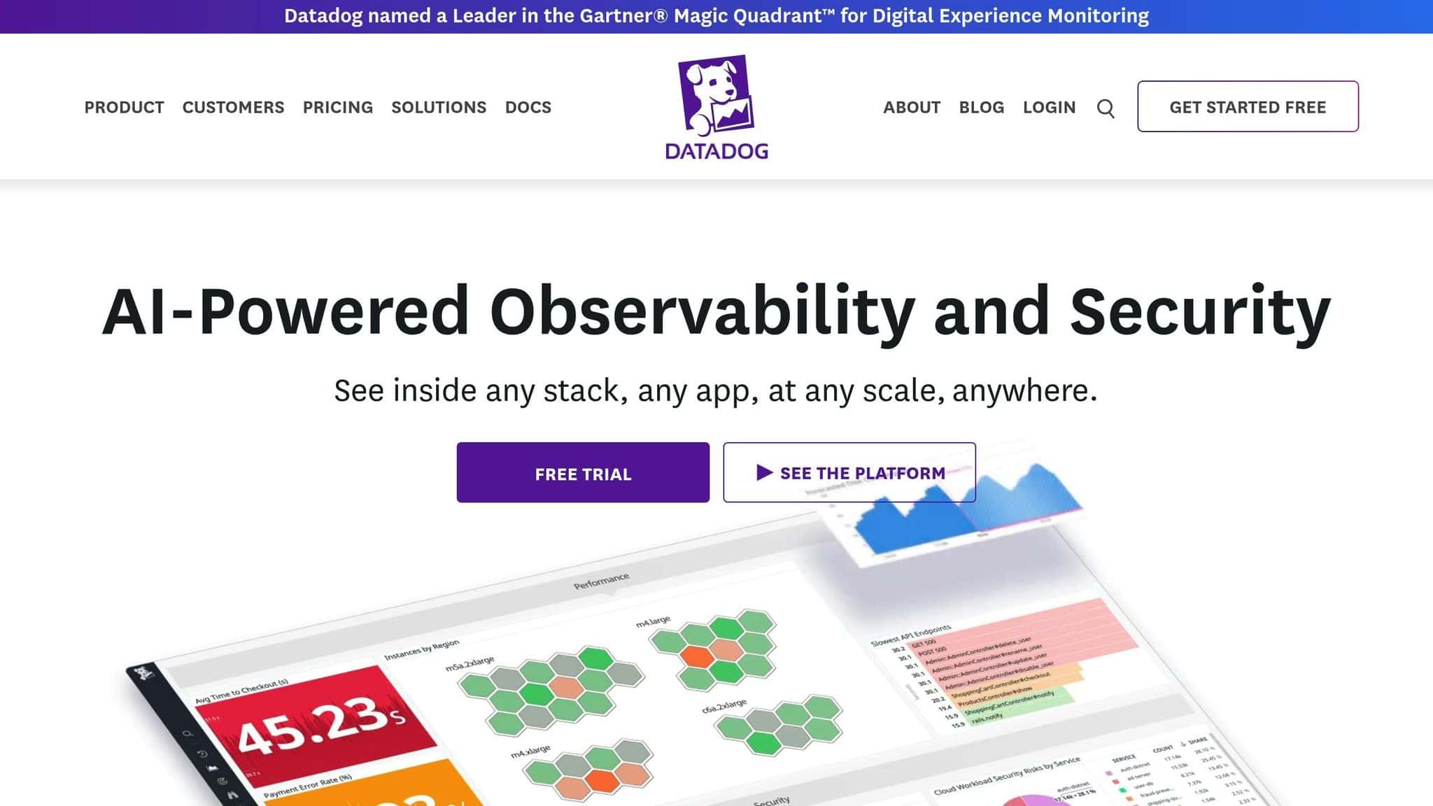 Datadog homepage showing a performance and security monitoring dashboard