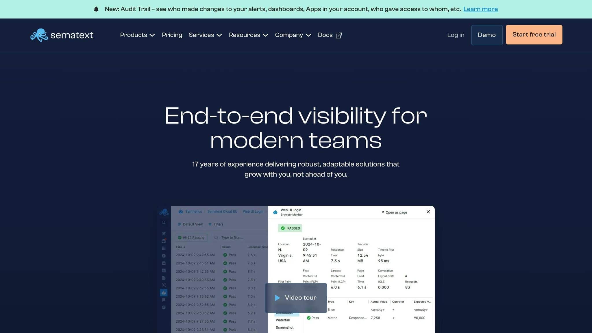 Sematext homepage showing a browser monitor with passing checks and page load results