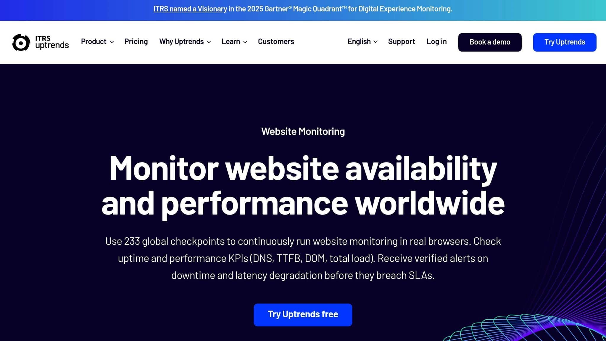 Uptrends homepage for monitoring website availability and performance from checkpoints around the world