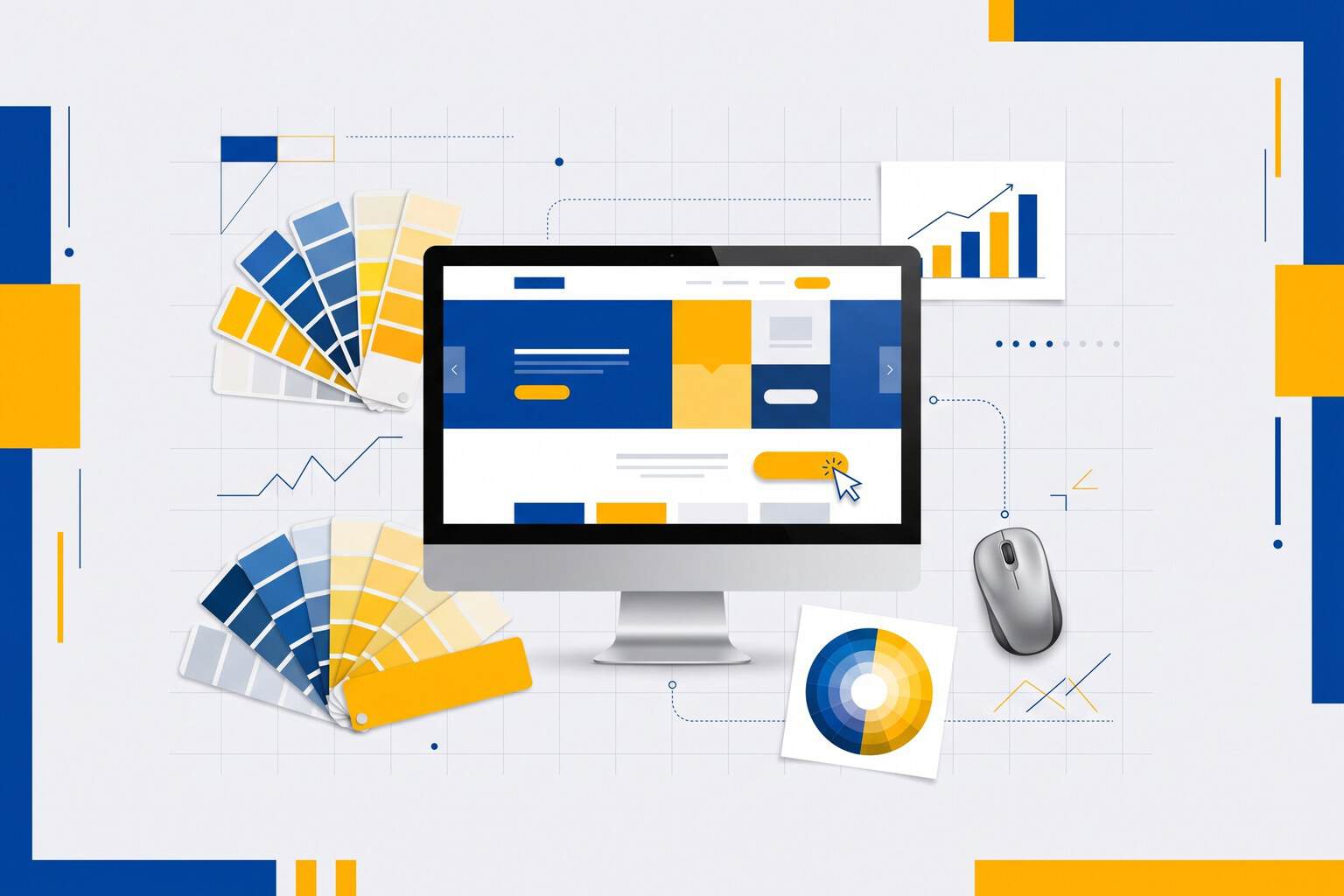 Desktop computer showing a blue and yellow website, surrounded by paint swatches, a color wheel, a rising chart and a cursor clicking a button