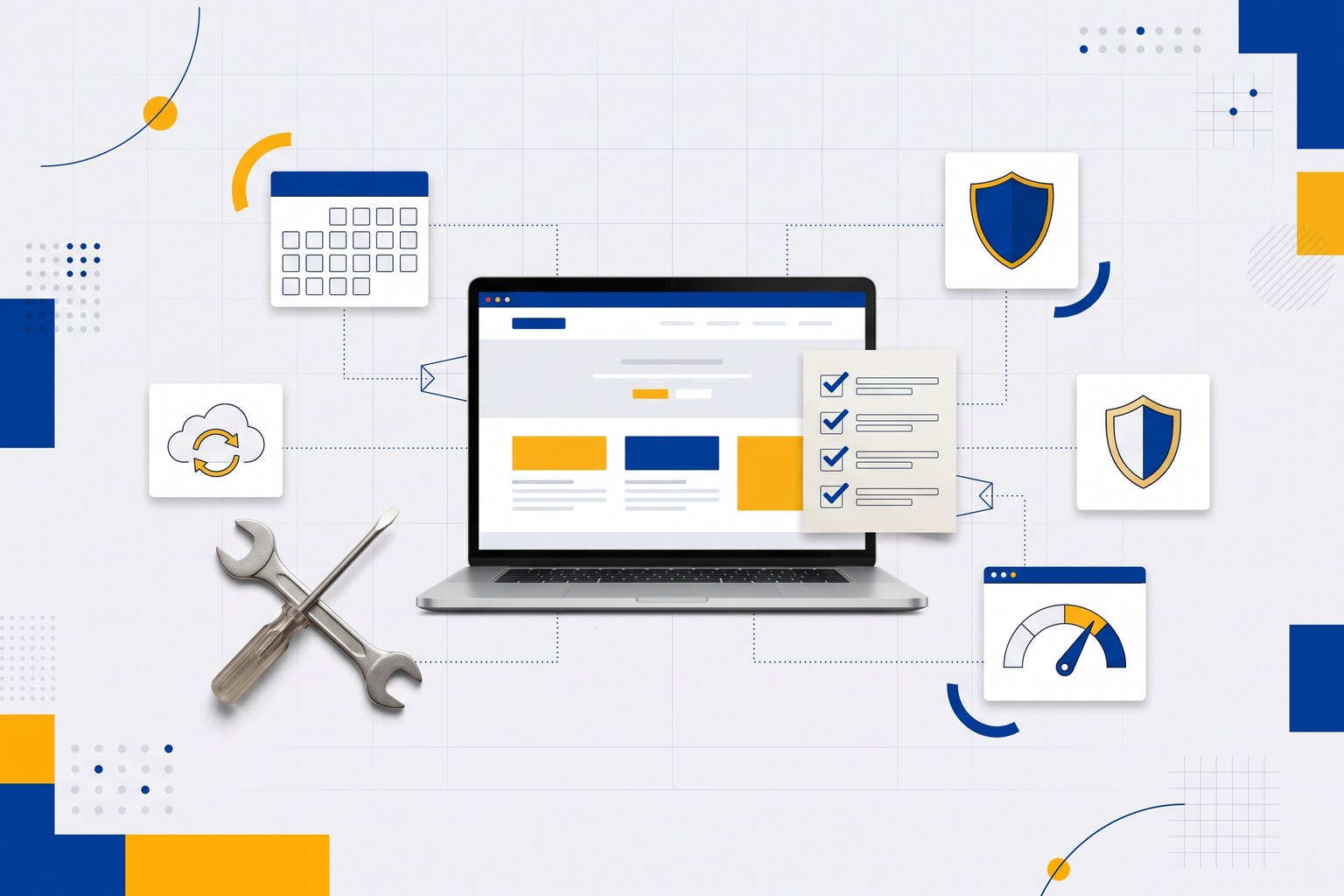 Laptop showing a website next to a checklist, linked to a calendar, a backup cloud, shields, a speed gauge, a wrench and a screwdriver