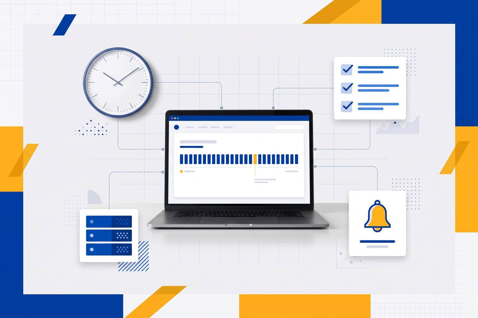 Laptop showing an uptime monitor of blue bars with one yellow gap, linked to a wall clock, a status checklist, an alert bell and servers