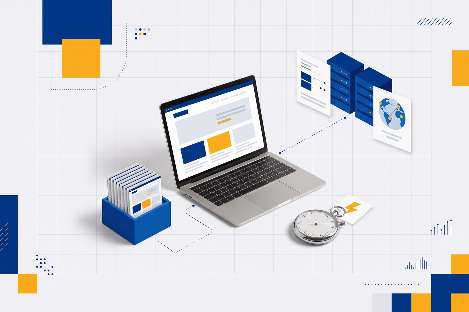 Laptop showing a website, linked to a box of stored page copies, servers next to a globe, and a stopwatch with a lightning bolt