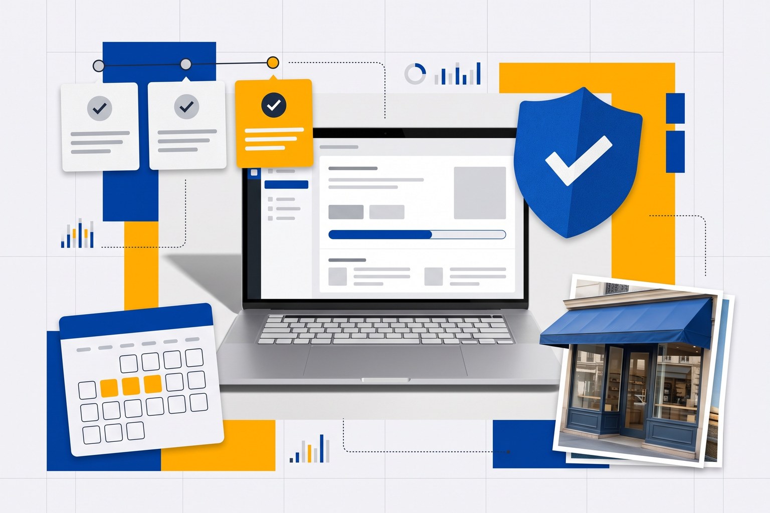 Laptop with an update bar almost complete, surrounded by three checked update cards, a calendar, a security shield and a shop front